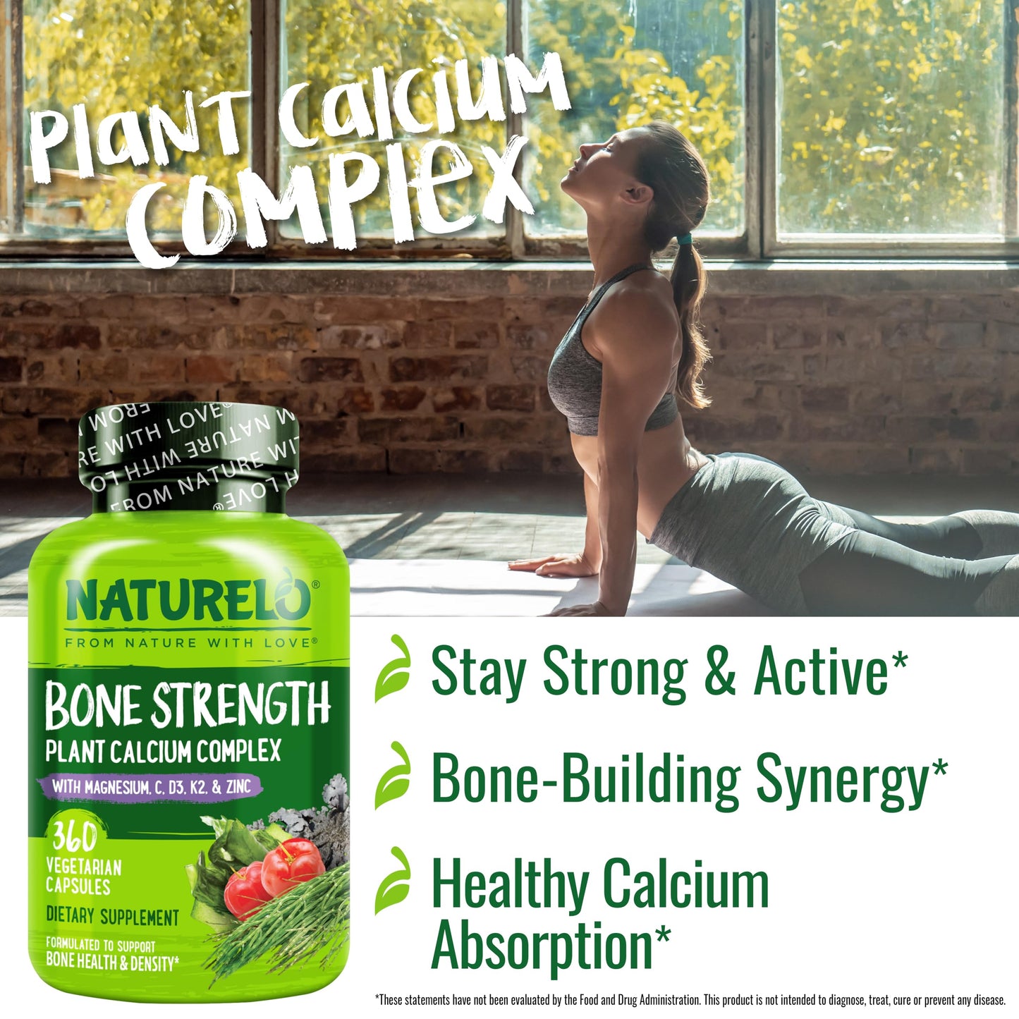 Naturelo Calcium Supplement with Vitamin C, D3, K2, and Calcium Magnesium Zinc for Bone Strength 600mg, Capsule, 360 Vegetarian Capsules