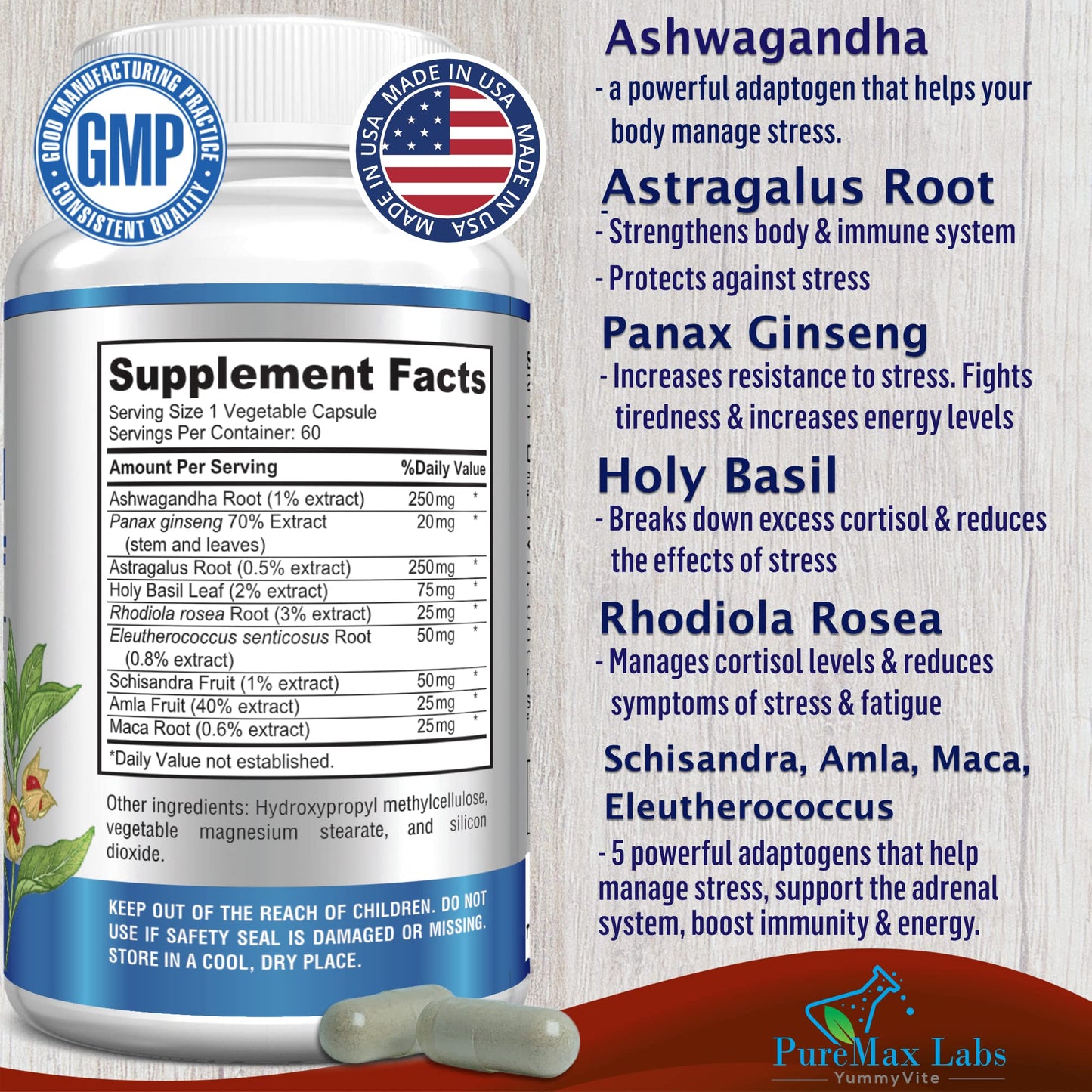 YUMMYVITE Adaptogen Stress Relief Immune Support Formula Capsules, 60 Count