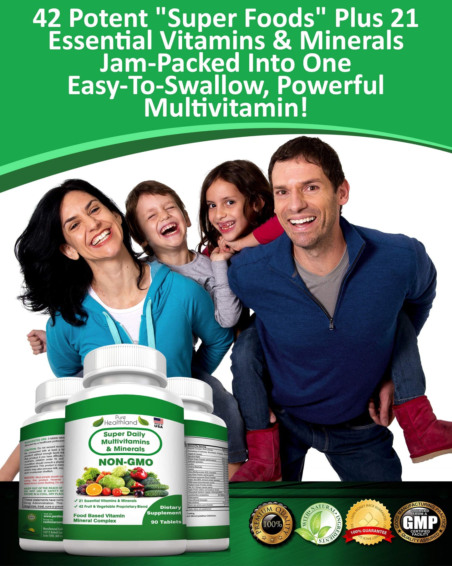 Pure Healthland Non-GMO Super Daily Multivitamin for Adults – 42 Natural Fruits & Vegetables Blend with 21 Essential Vitamins & Minerals – Vegan Coating Tablets, 90 Count
