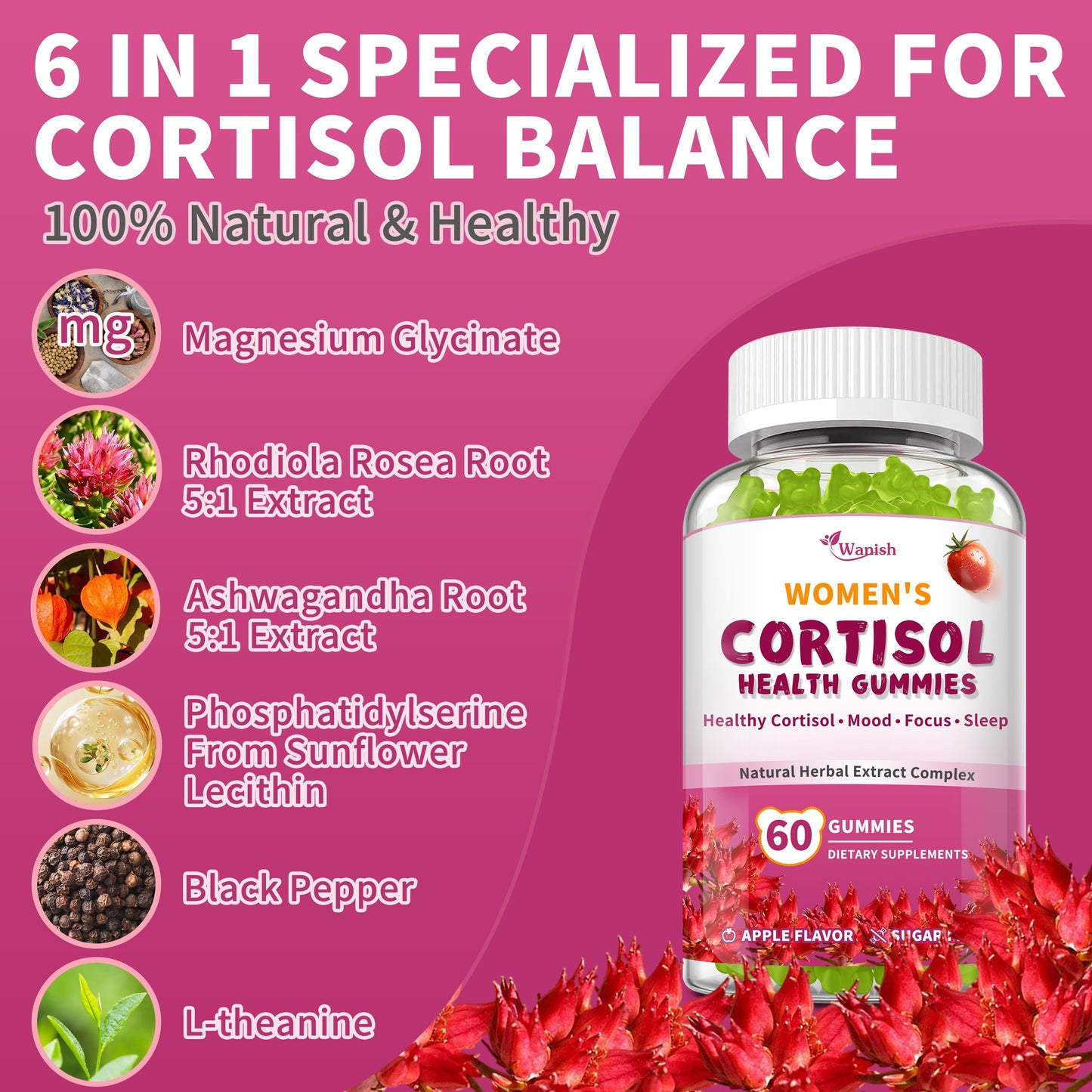 Wanish Cortisol Gummies for Women - Cortisol Manager Adrenal Support, 120 Count