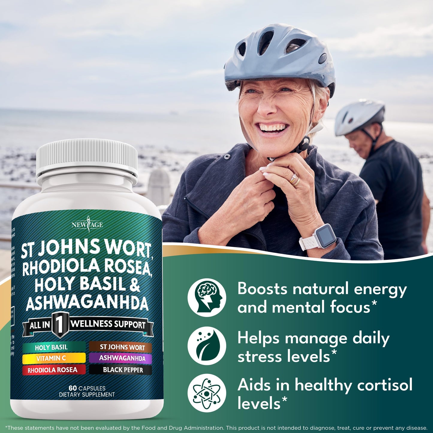 NEW AGE St John's Wort, Rhodiola Rosea, Holy Basil, Ashwagandha with Vitamin C & Black Pepper Extract Capsules, 60 Capsules