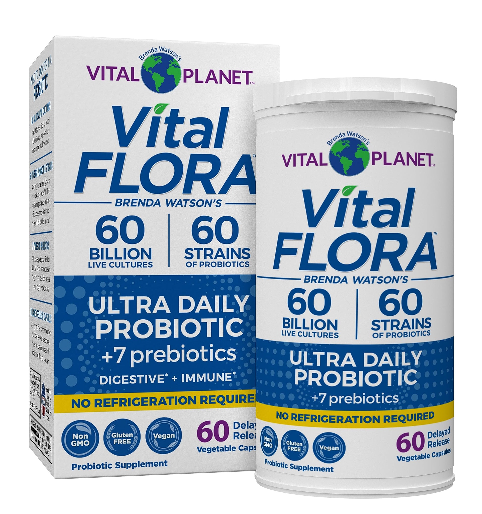 Vital Planet Vital Flora Ultra Daily Probiotic 60 Billion CFU, 60 Diverse Strains, 7 Organic Prebiotics, Immune Support, Digestive Health Shelf Stable Probiotics for Women and Men Capsules 60