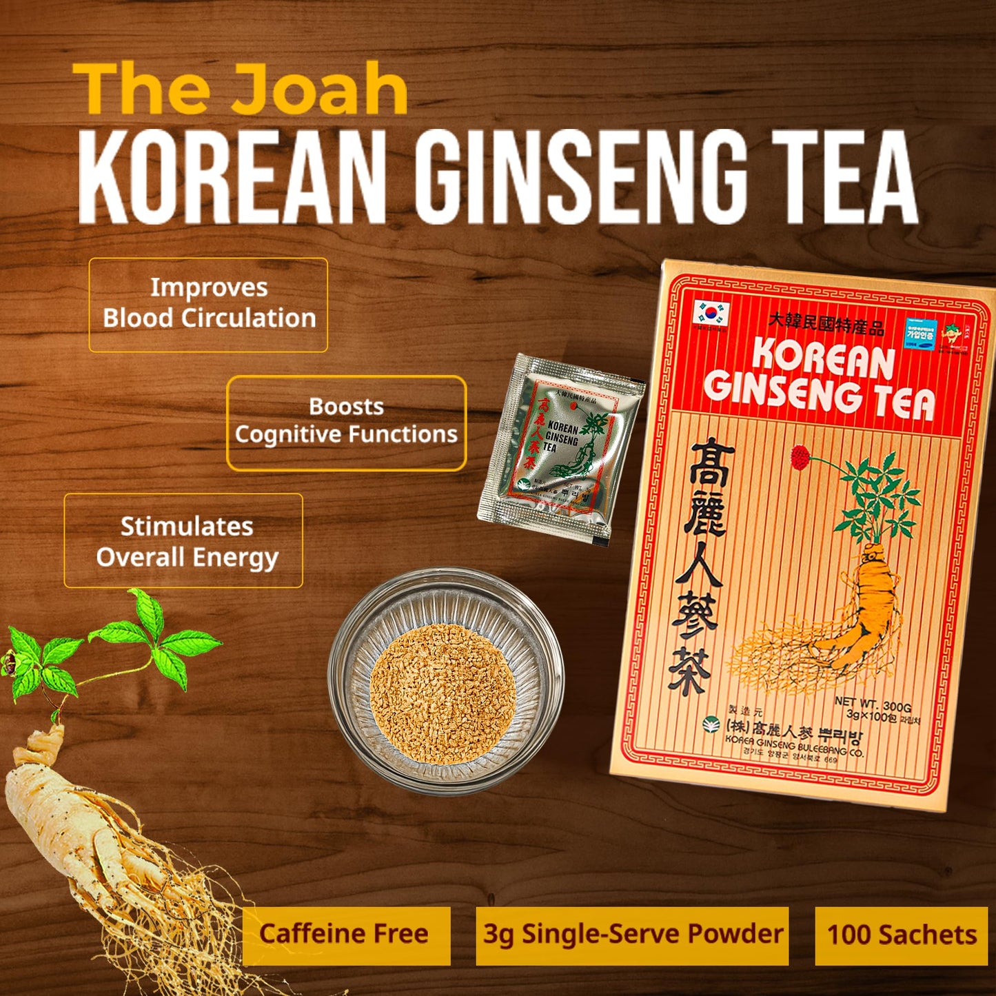 The Joah Korean Ginseng Tea - Caffeine Free, Single-Serve Powder, 10.58