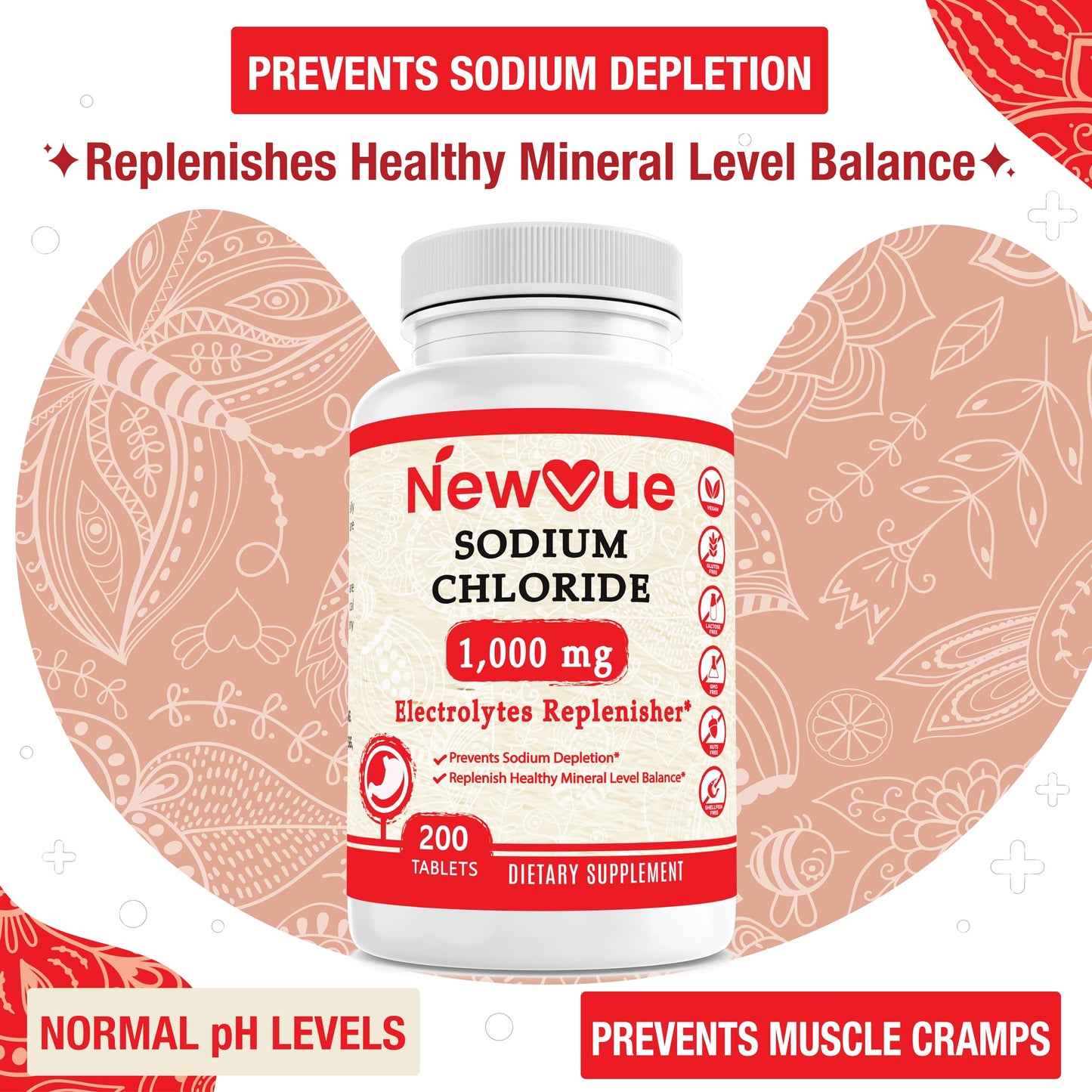 NewVue Sodium Chloride 1000mg Tablets, 200 Count