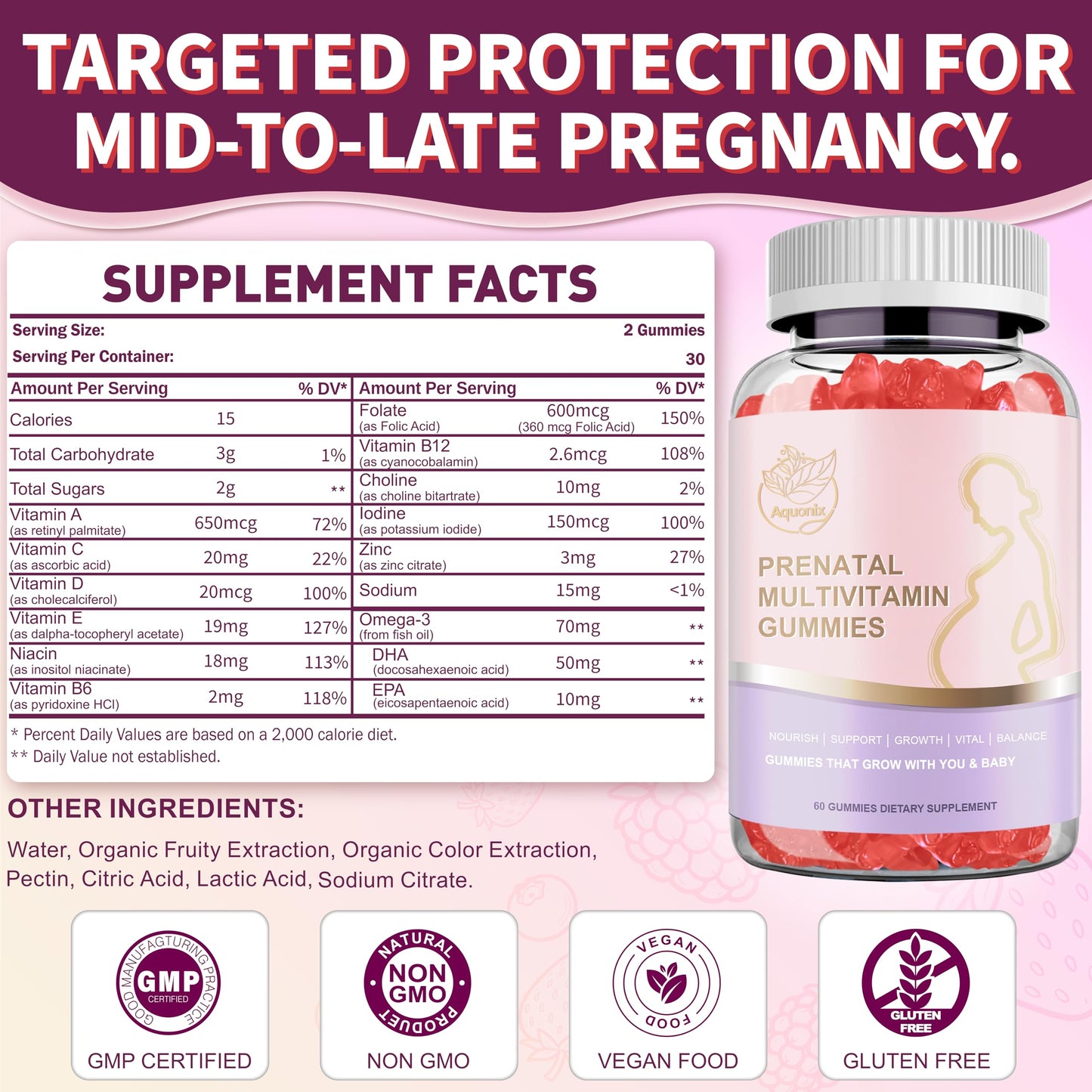 AQUONIX Prenatal Multivitamin Gummies for Women, 60 Gummies