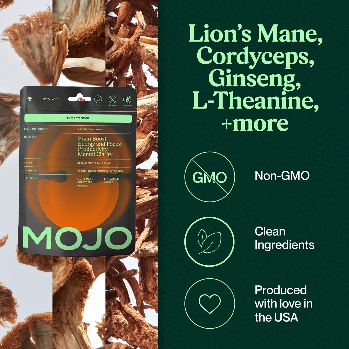 Mojo Focus Gummies Extra Strength with Lion's Mane Mushroom, Cordyceps & Panax Ginseng, Gummy, 1 Pack