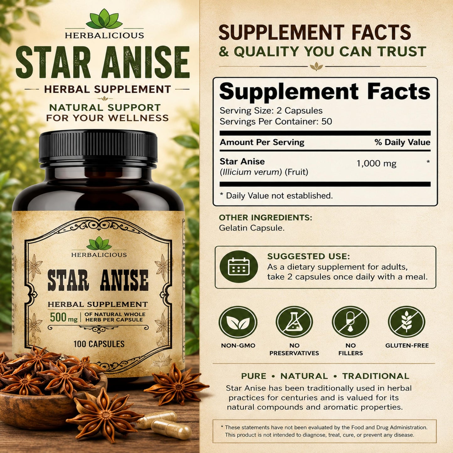HERBALICIOUS Star Anise Supplement Organic (Illicium verum) 1000mg Capsules, 100 Count
