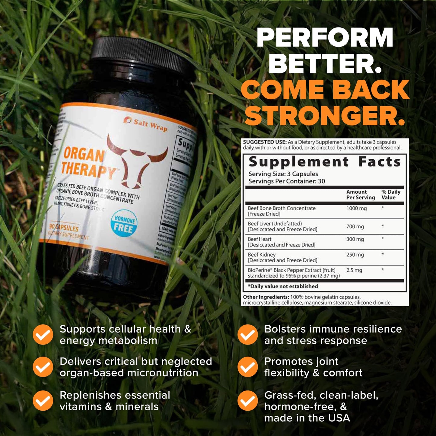 SaltWrap Organ Therapy Grass-Fed Beef Organ Meat Complex Capsules, Desiccated, 90 Count