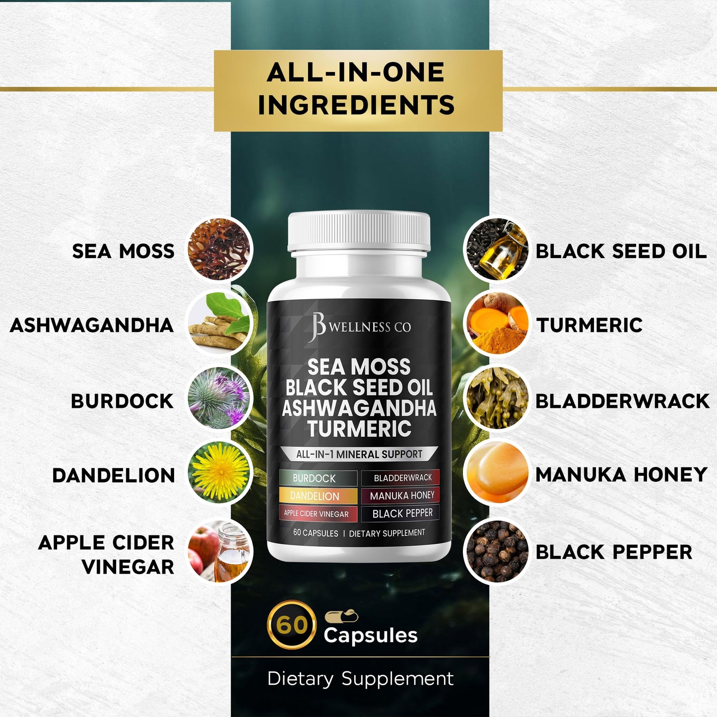 JB Wellness Co Sea Moss Black Seed Oil Ashwagandha Turmeric Bladderwrack Burdock Capsules 60 Count