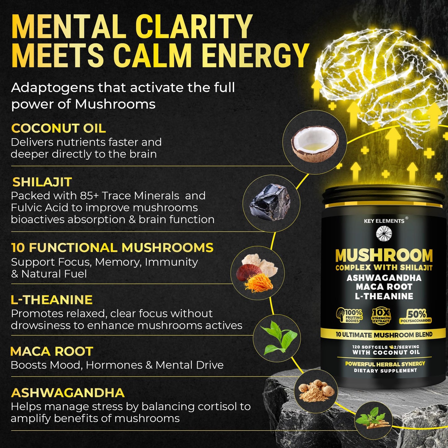 KEY ELEMENTS Organic Mushroom Complex with Shilajit & Coconut Oil - Lions Mane Mushroom Supplement with Ashwagandha and L-Theanine - Mushroom Nootropic for Memory, Focus & Immune Softgels 120 Count