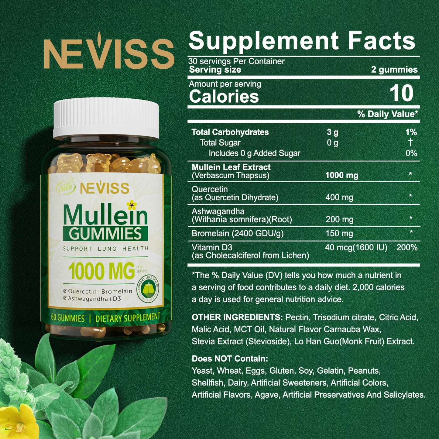 NEVISS Mullein Gummies 1000mg Organic Mullein Leaf Extract with Quercetin & Bromelain, D3 for Digestive Support, Immune Booster, Sugar Free, Vegan, 60 Count