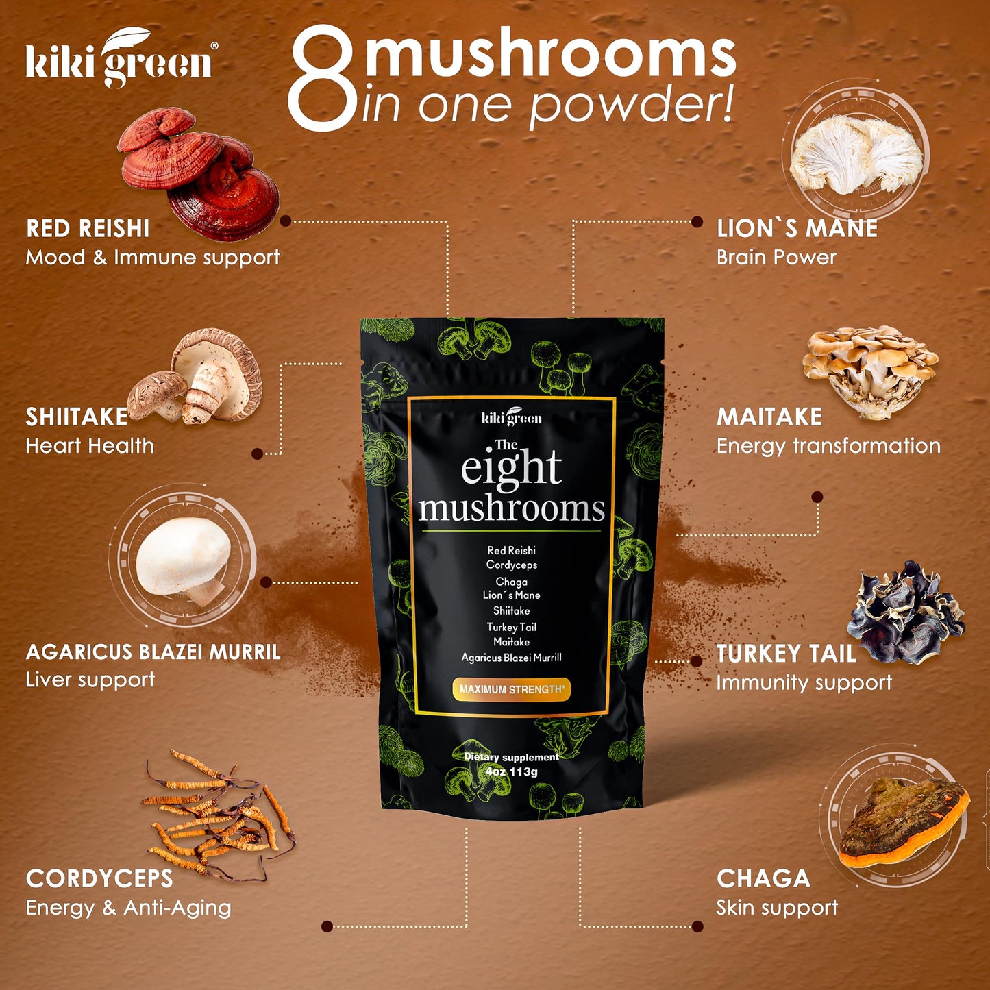 KIKI Green 8 Mushrooms Powder Extract 4 oz