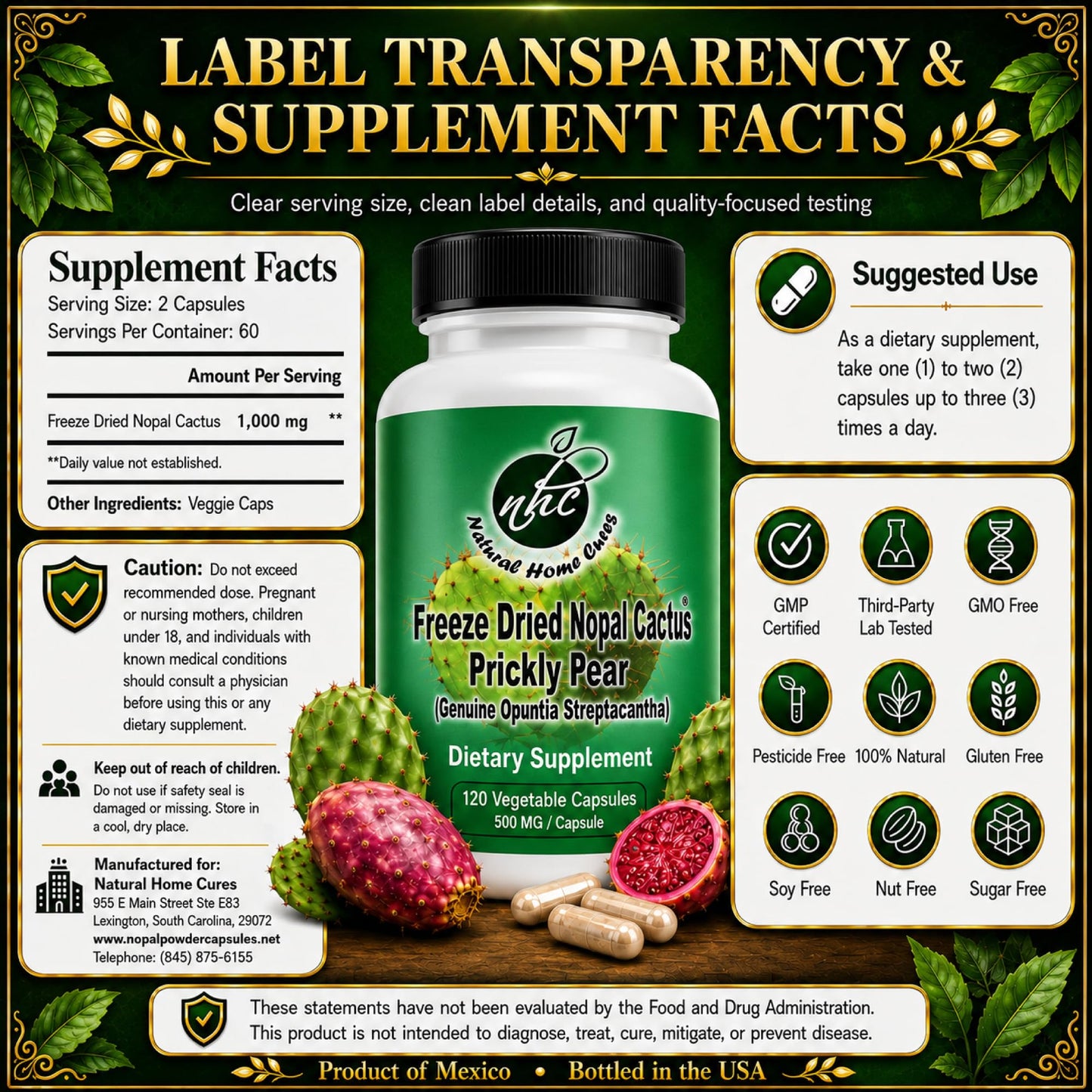 Natural Home Cures Premium Freeze-Dried Nopal Cactus Capsules, 360 Capsules