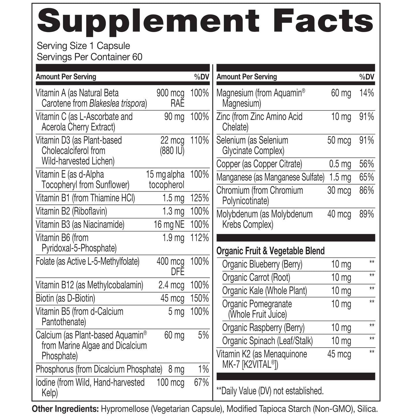 NATURELO One Daily Multivitamin for Women 50+ (Iron Free) - Menopause Support for Women Over 50 - Whole Food Supplement - Non-GMO - No Soy 60 Capsules