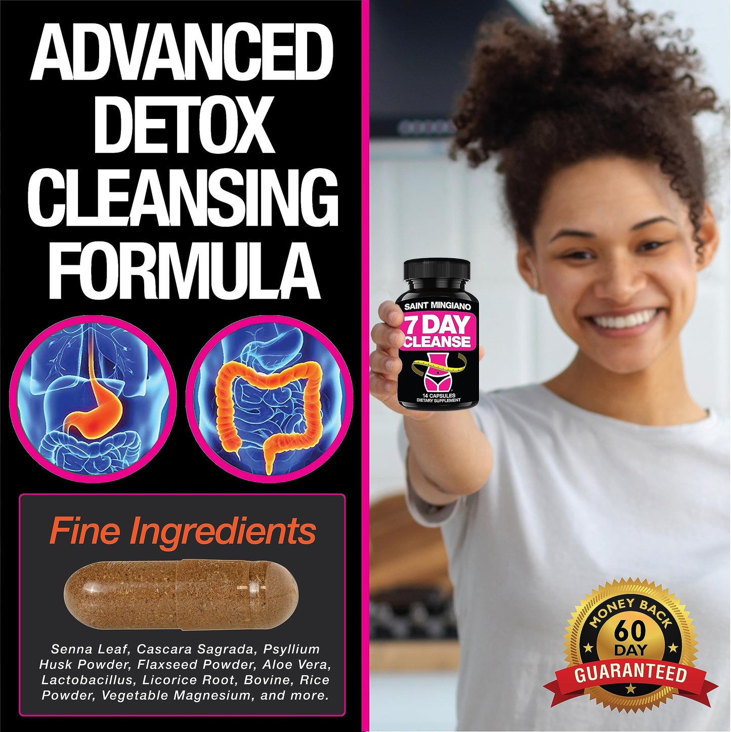Saint Mingiano 7 Day Cleanse Program Colon Detox with Natural Laxative Senna Leaf Capsules, 14 Count