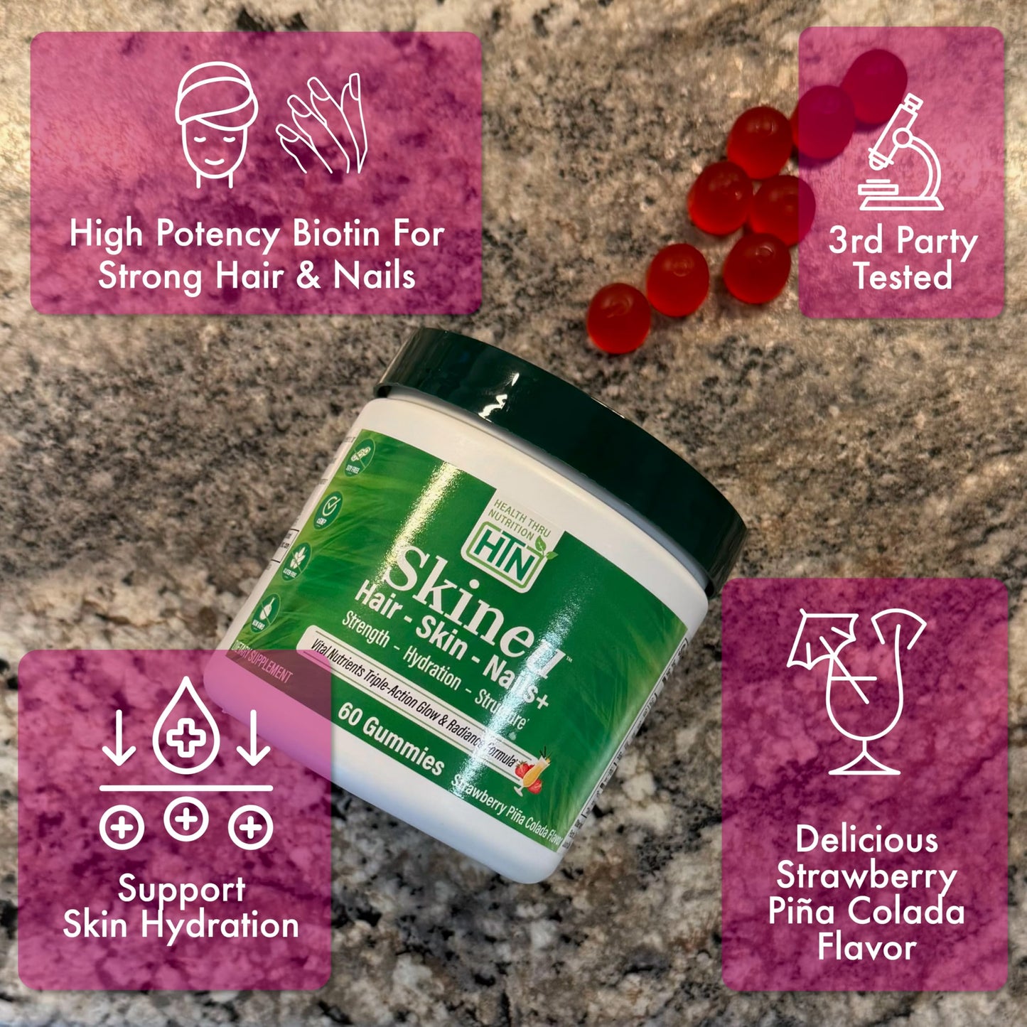 Health Thru Nutrition Skineu Hair, Skin & Nails+ Gummies, 60 Gummies