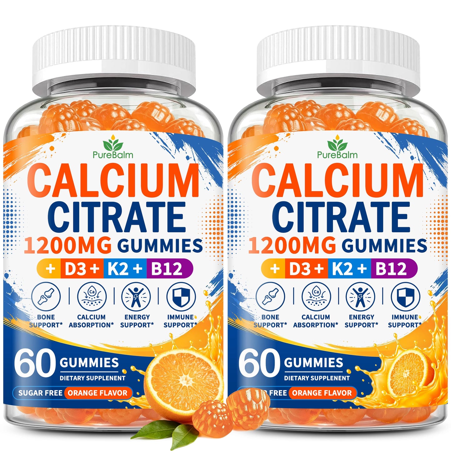 PureBalm Calcium Citrate 1200mg Gummies with Vitamin D3, K2 & B12 for Women & Men, 120 Gummies
