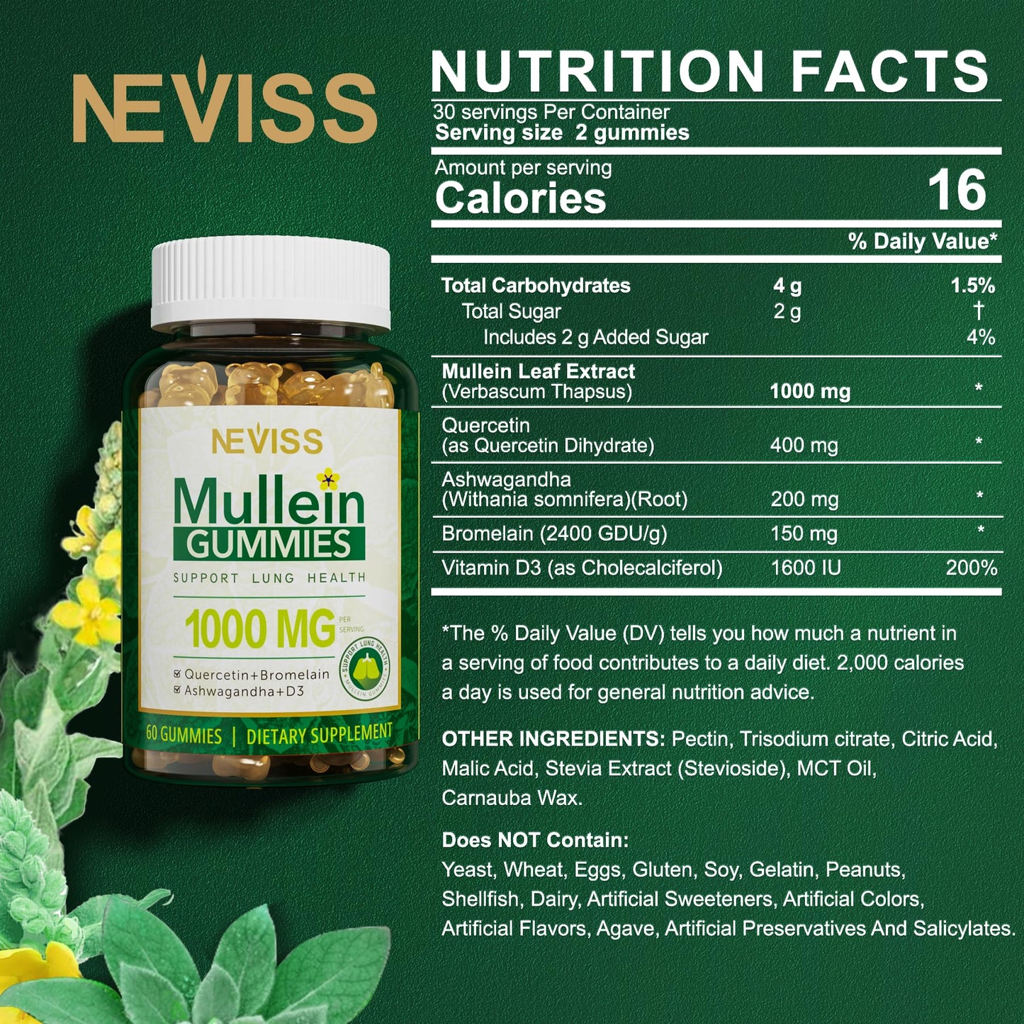 NEVISS Mullein Gummies for Lungs 120 Count