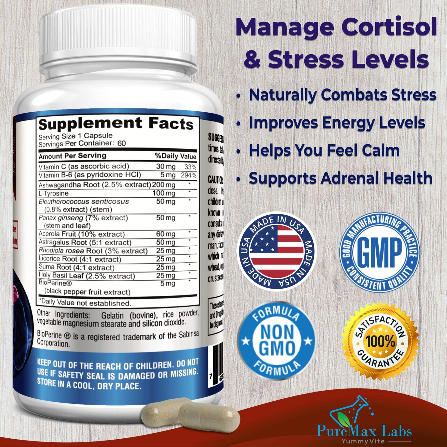 YUMMYVITE Adrenal Support, Cortisol Manager, Adrenal Health Capsule 60 Count
