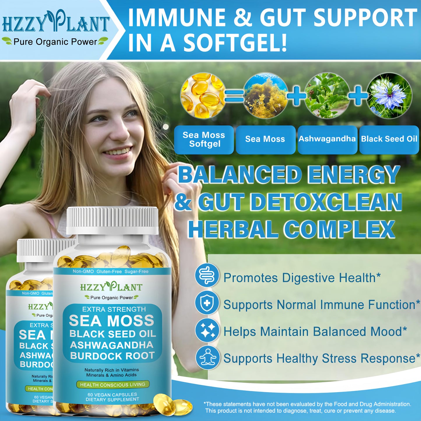 HZZYPLANT High Absorption Irish Sea Moss Advanced with Black Seed Oil, Ashwagandha, Turmeric & Burdock Root Softgels, 60 Count