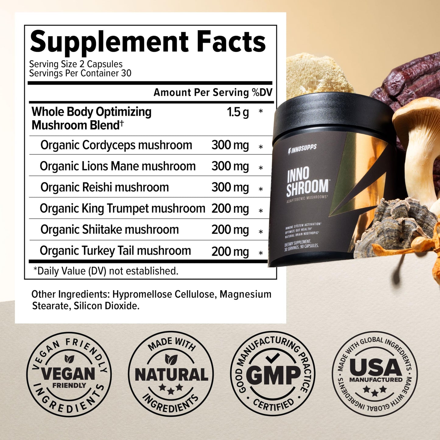 InnoSupps Inno Shroom Organic Mushroom Supplement Capsules 90 Count