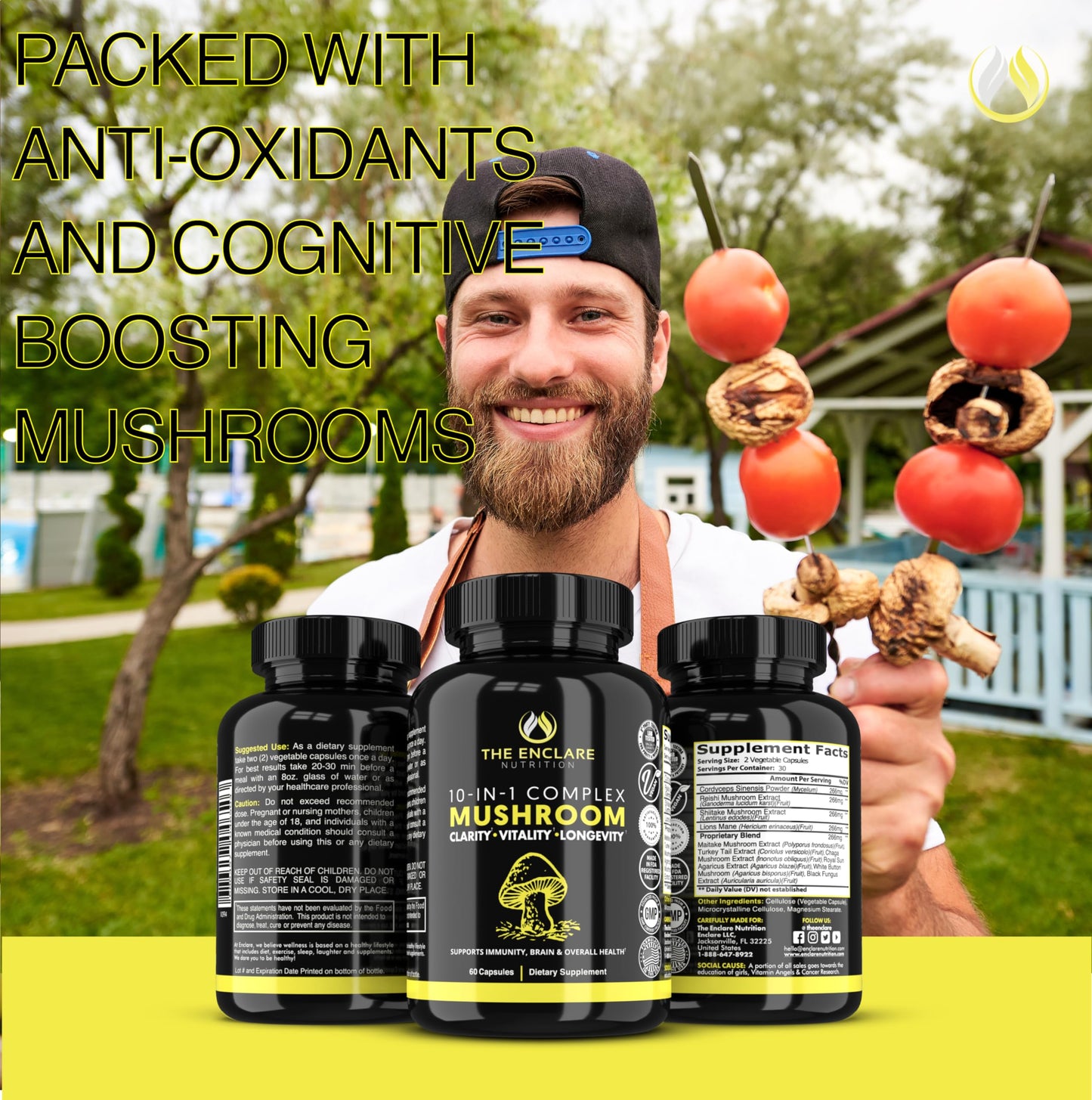 THE ENCLARE NUTRITION Mushroom Supplement 10in1 Complex Immune Support Lions Mane, Reishi, Turkey Tail, Cordyceps, Chaga, Maitake, Shiitake, Agaricus Nootropic Brain Energy Booster, Capsules, 60 Count