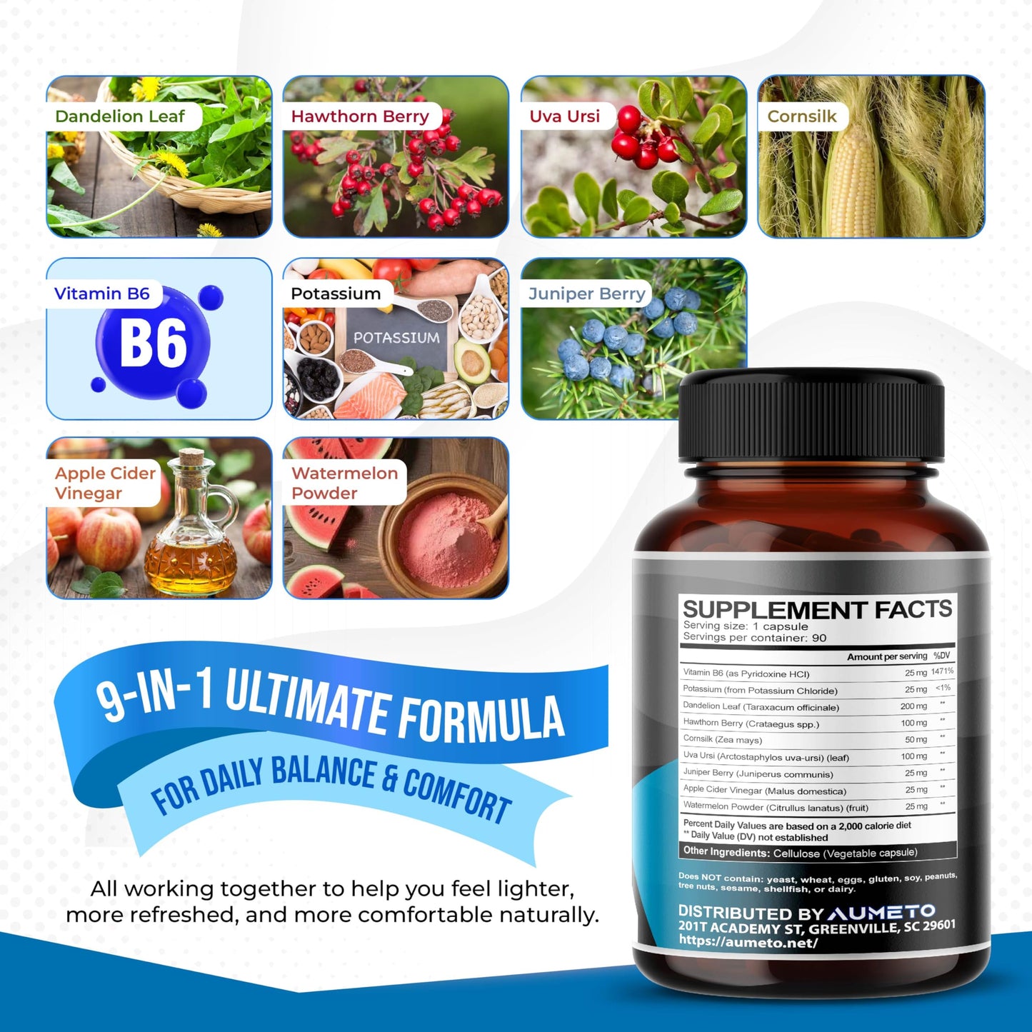AUMETO Water Out Pills with Uva Ursi Hawthorn Berry Dandelion Corn Silk Capsule 90 Count