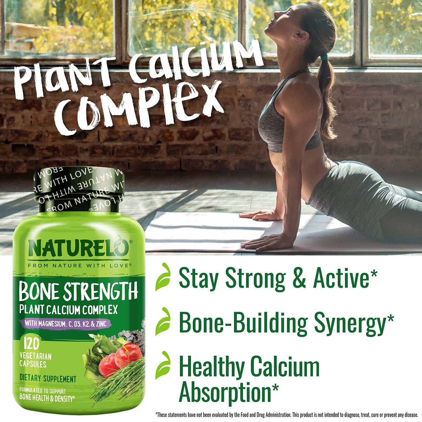 NATURELO Calcium 600mg Supplement for Bone Strength with Vitamin D3, 120 Capsules