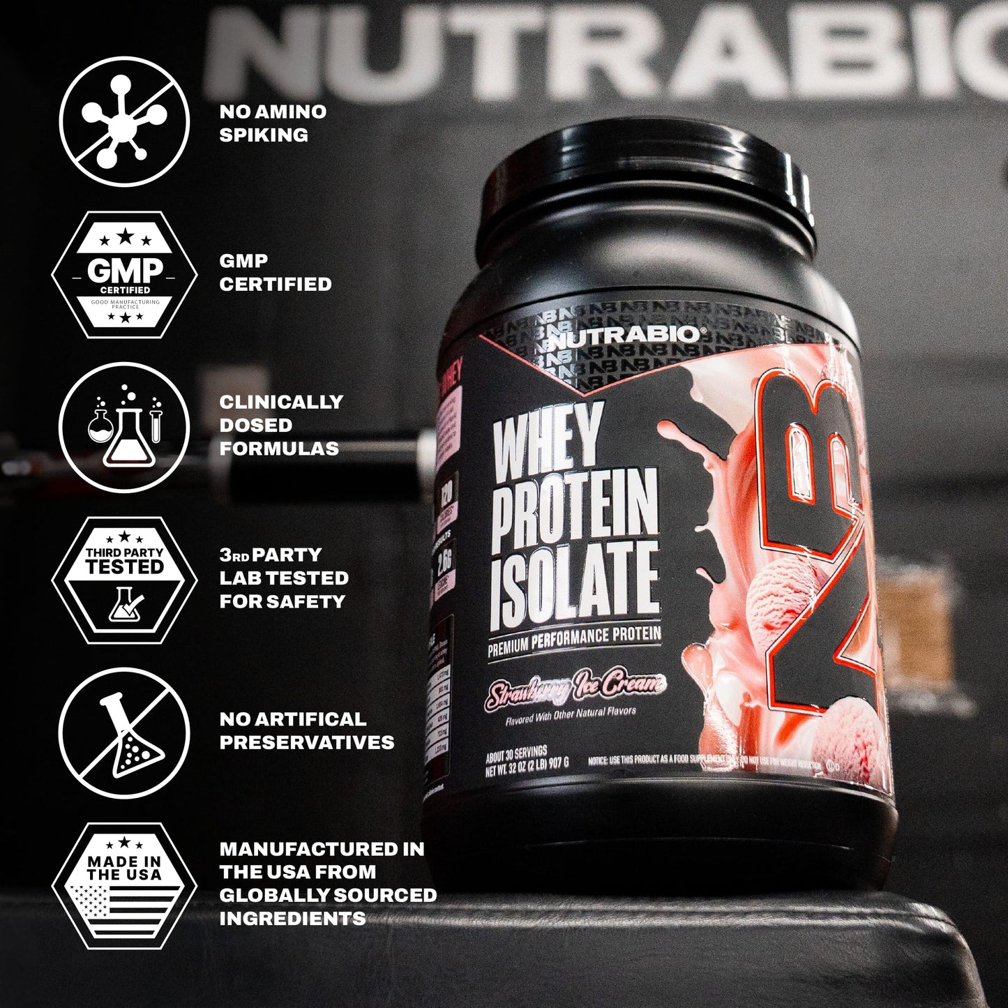 NutraBio 100% Whey Protein Isolate Powder, Strawberry Ice Cream, 32 Servings, 2 Lbs