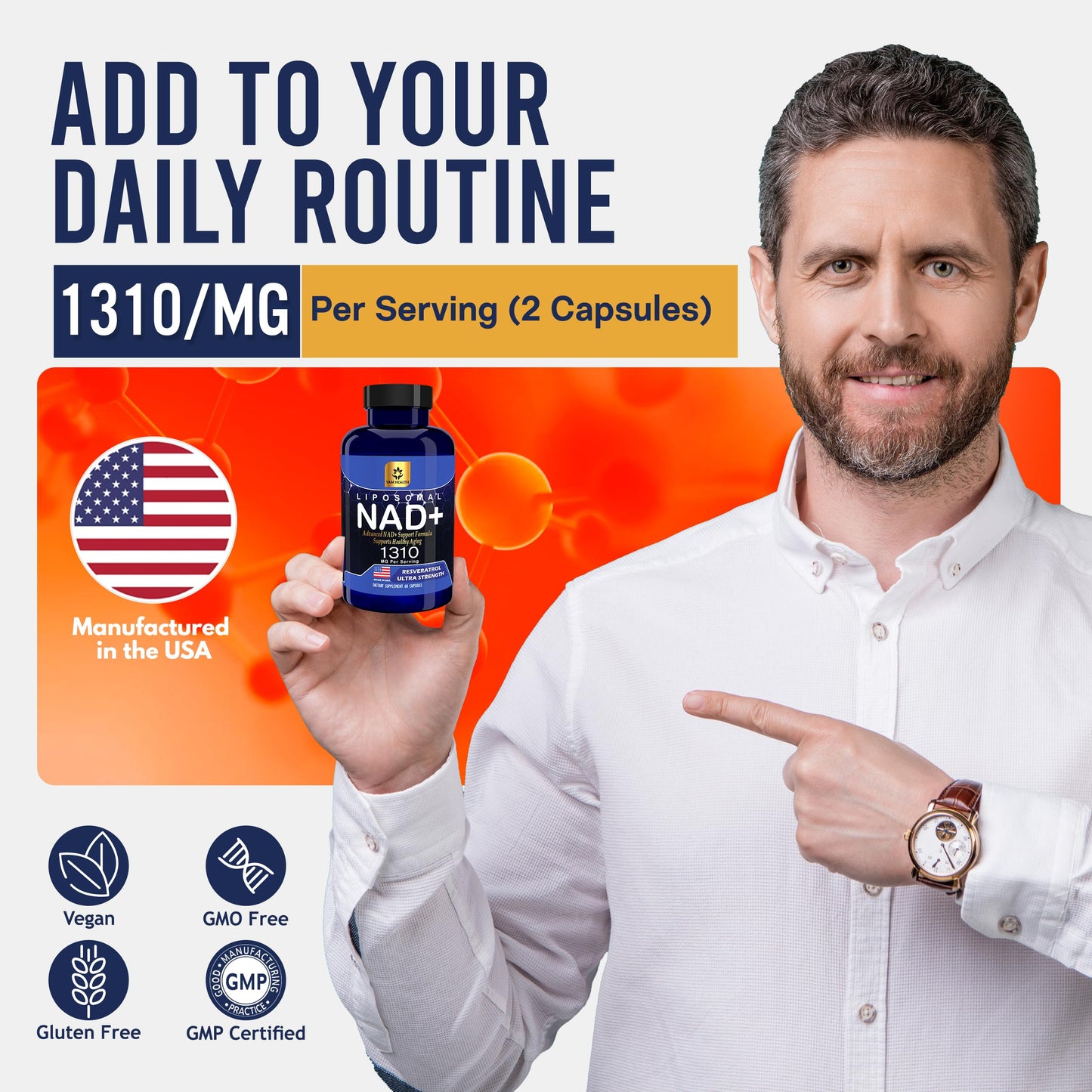 YAM Health Liposomal NAD+ 1310mg with Resveratrol & Niacin (Vitamin B3) Capsules, 60 Count