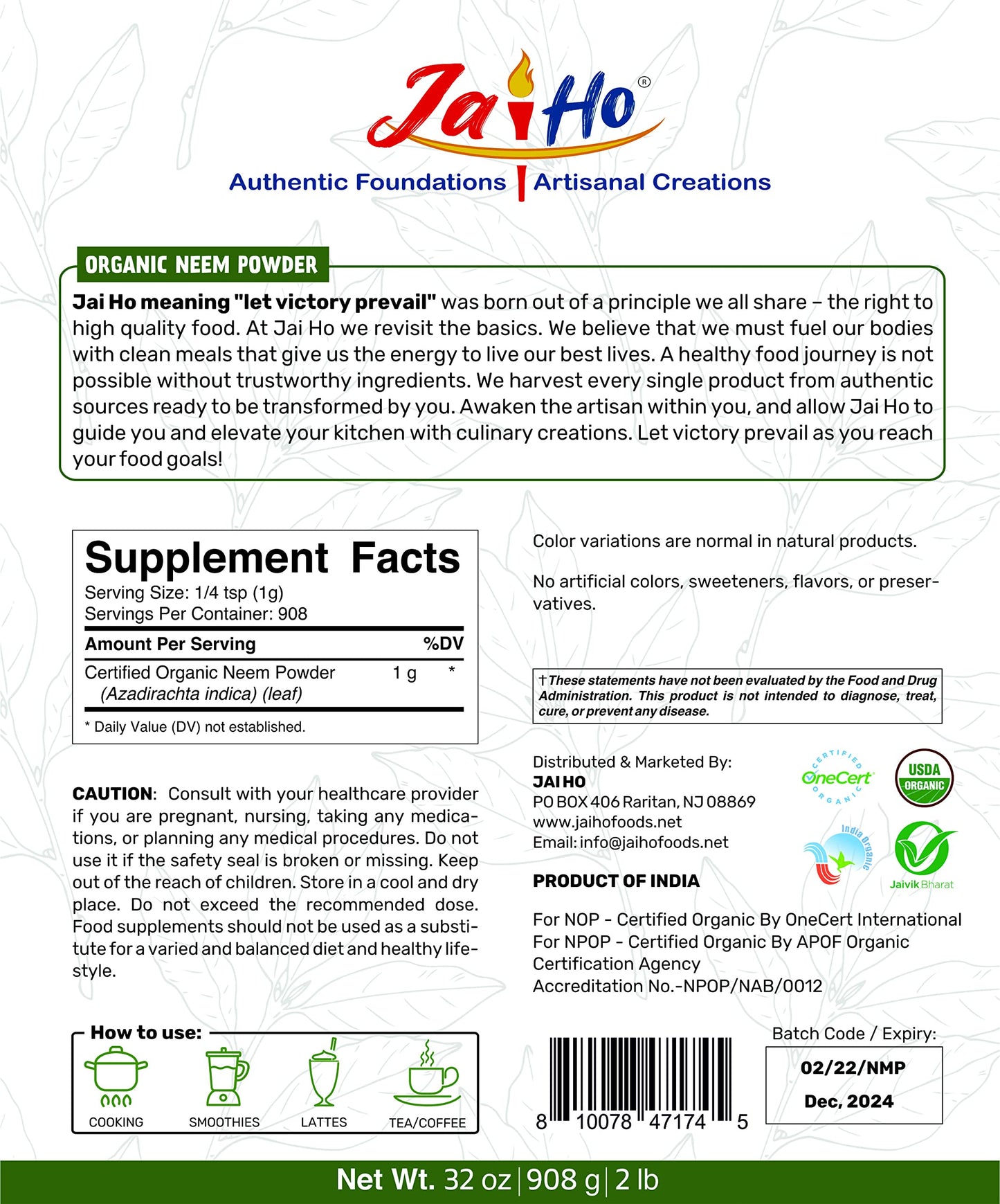 Vitamatic Jai Ho Organic Neem Powder 32