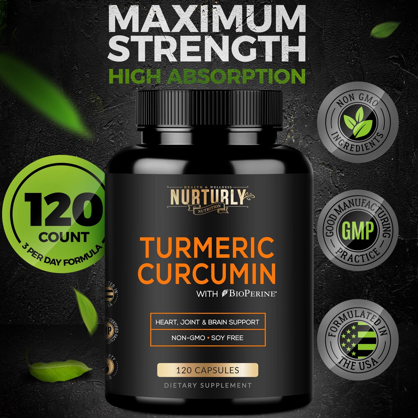 NURTURLY Turmeric Curcumin with BioPerine Black Pepper and 95% Curcuminoids - High Absorption Turmeric Supplements 1300mg for Hearth Health, Non-GMO, Gluten Free 120 Capsules