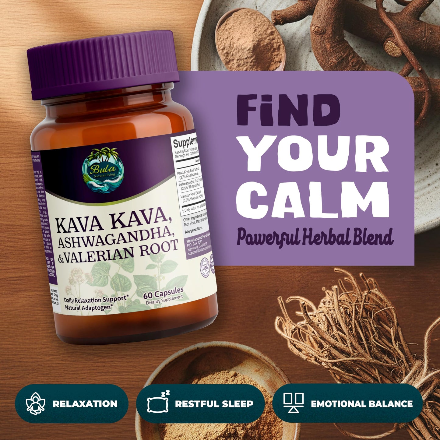 Bula Natural Living Kava Kava Capsules, 60 Count