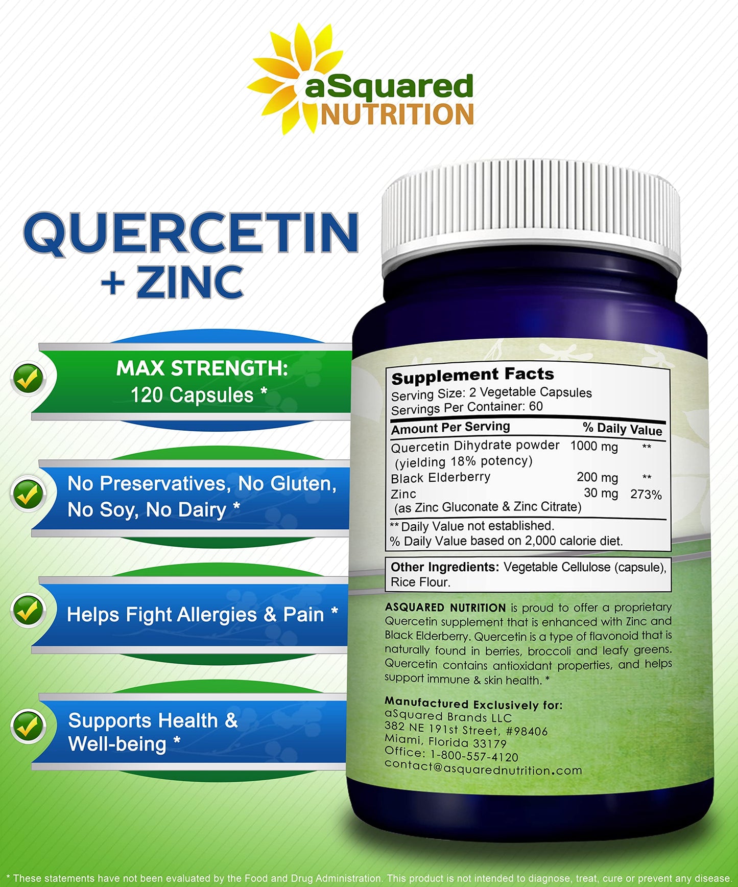 aSquared Nutrition Quercetin with Zinc Supplement - 1000mg Per Serving, 120 Capsules