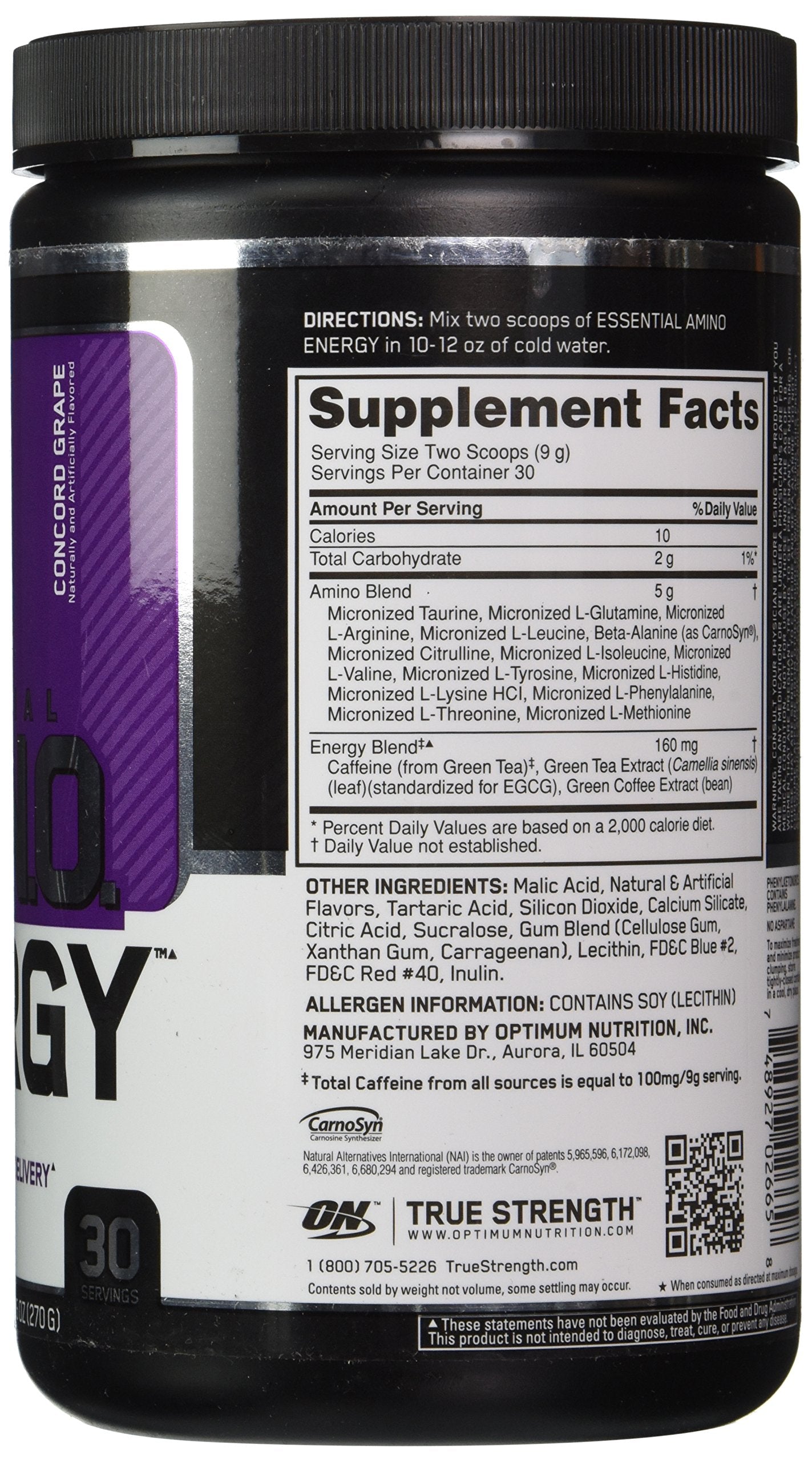 Optimum Nutrition Essential Amino Energy Powder, Concord Grape, 9.5 oz