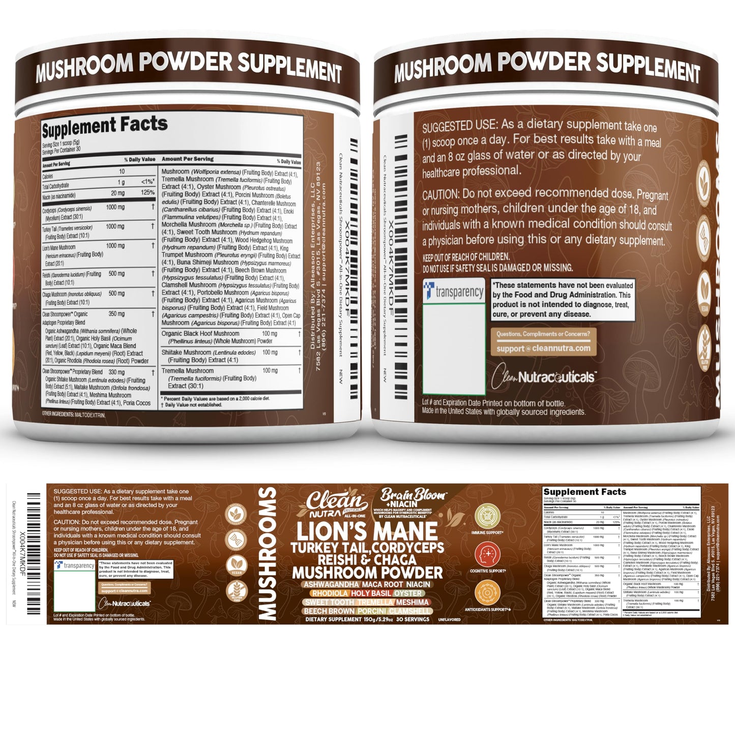 Clean Nutraceuticals Lion's Mane Turkey Tail Cordyceps Reishi Chaga Mushroom Powder 5.29 Ounce