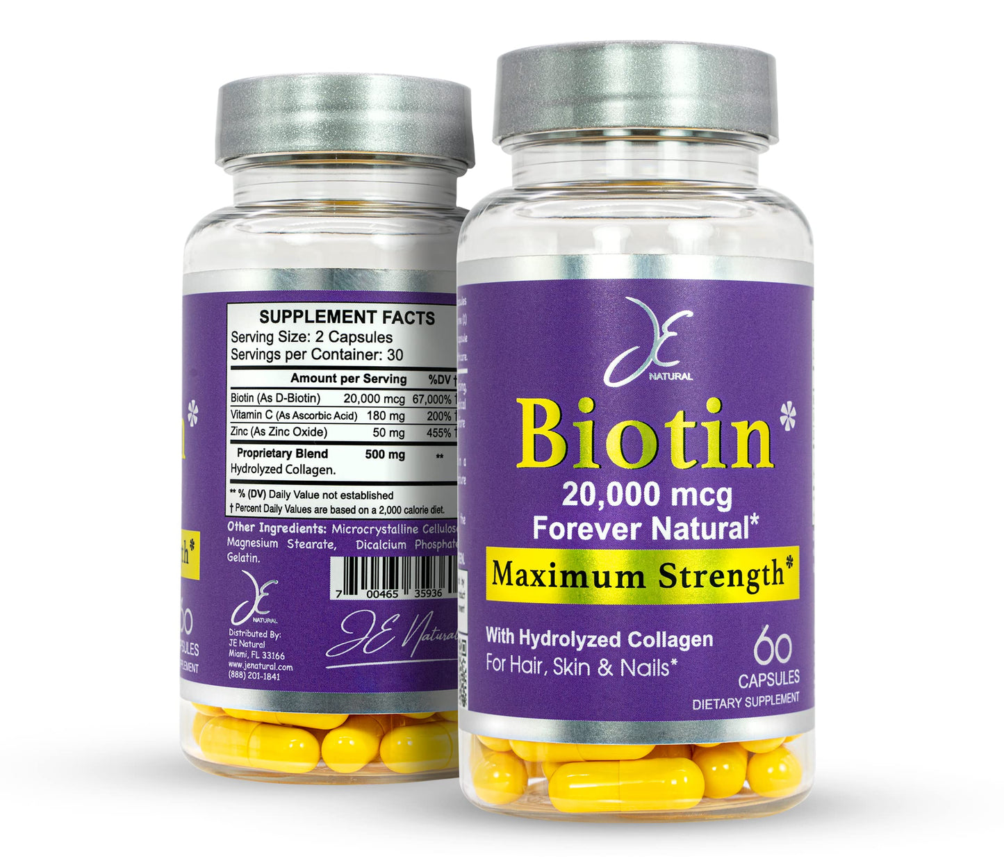 Je Natural Biotin Hair Skin and Nails Vitamins with Vitamin C and Collagen, Capsule, 60 Count