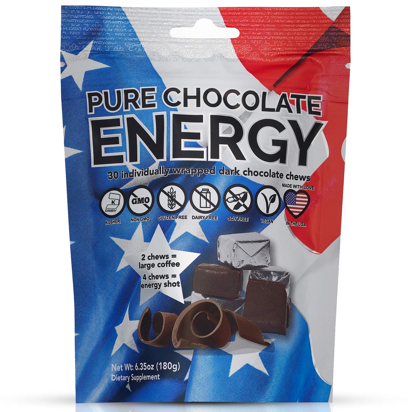 Purity & Grace Pure Chocolate Energy Chews with Caffeine - Dark Chocolate, Chocolate Chews, 30 Count