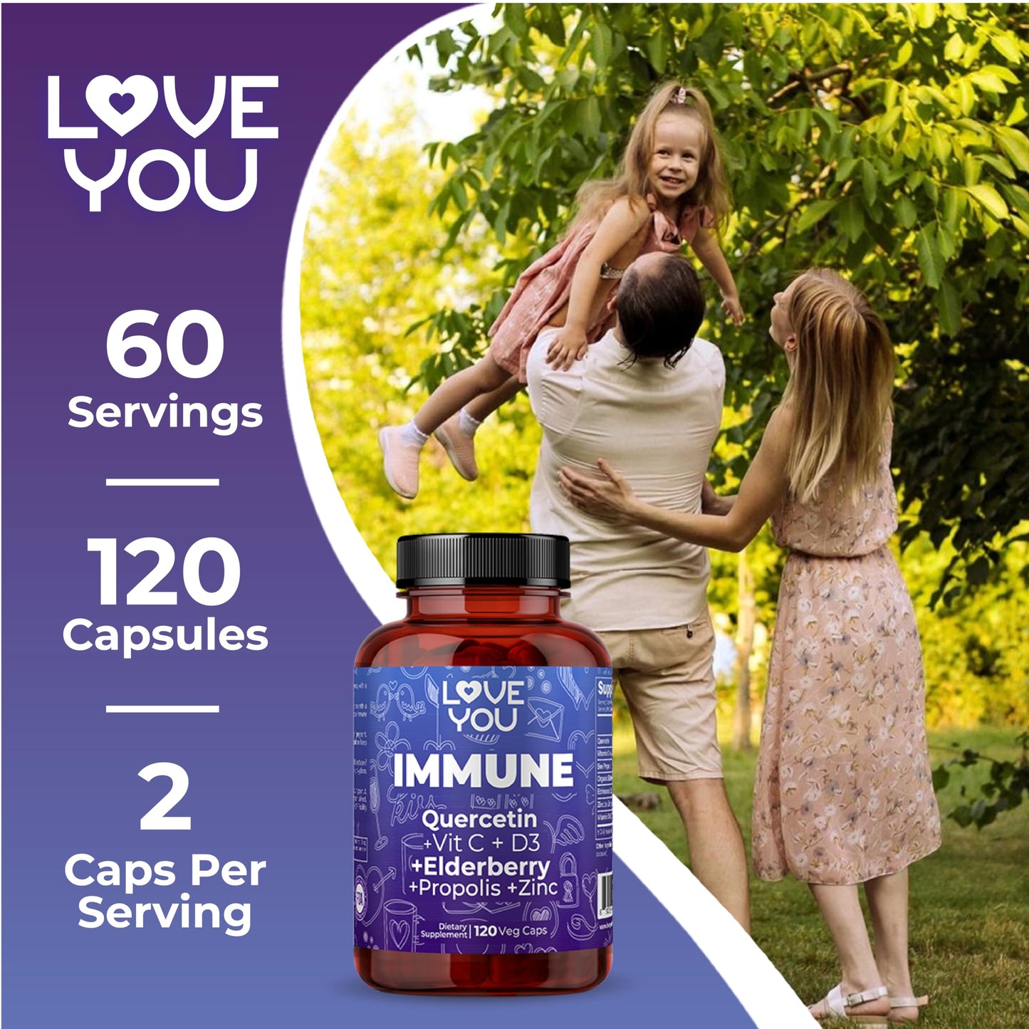 Love You Immune Support Supplement with Vitamin C, Zinc, & Elderberry 120 Capsules