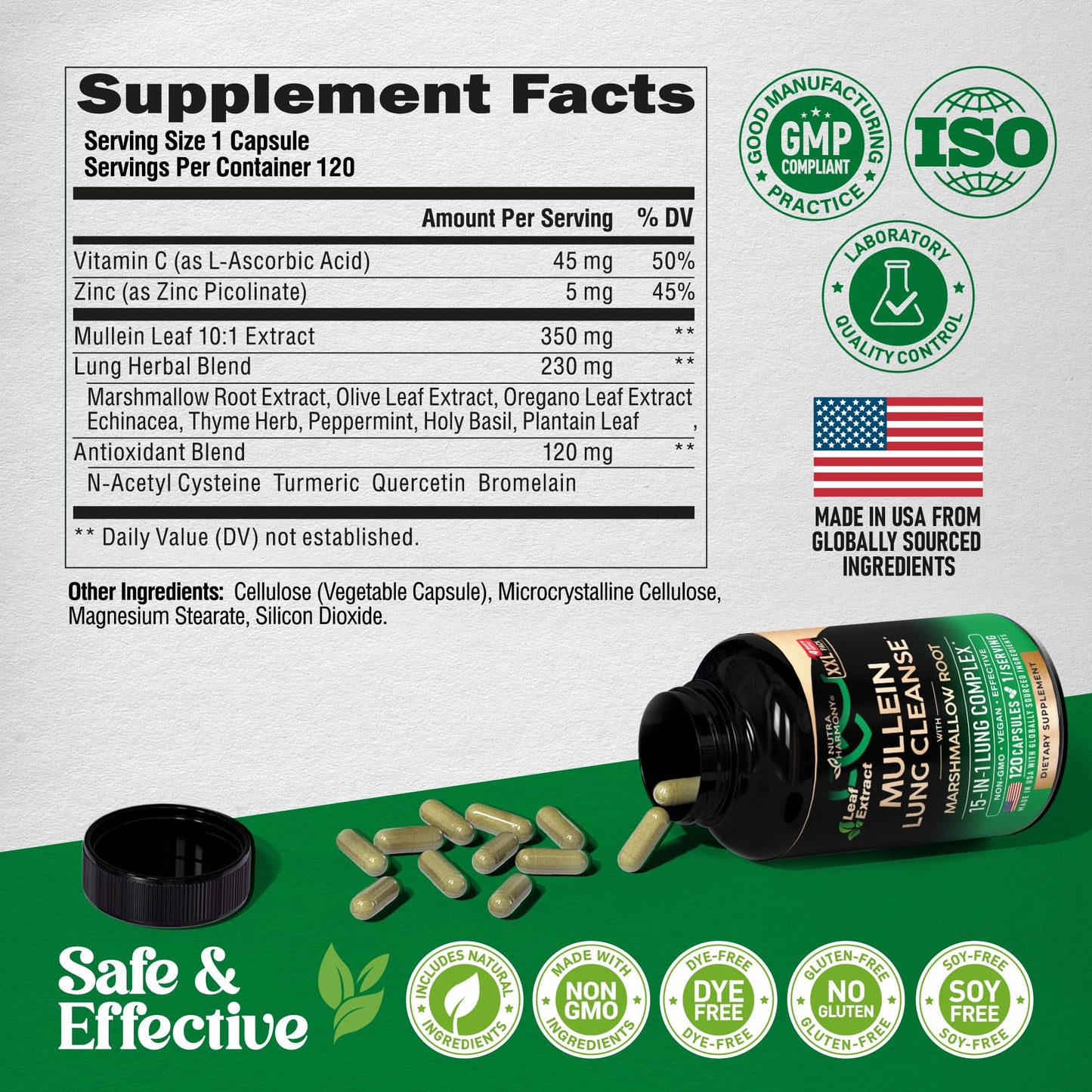 NUTRAHARMONY Mullein Lung Detox - Mullein Leaf 10:1 Extract, Marshmallow Root, Echinacea, Oregano, Quercetin, NAC - 15-in-1 Lung Support & Cleanse for Smokers Capsules, 120 Count