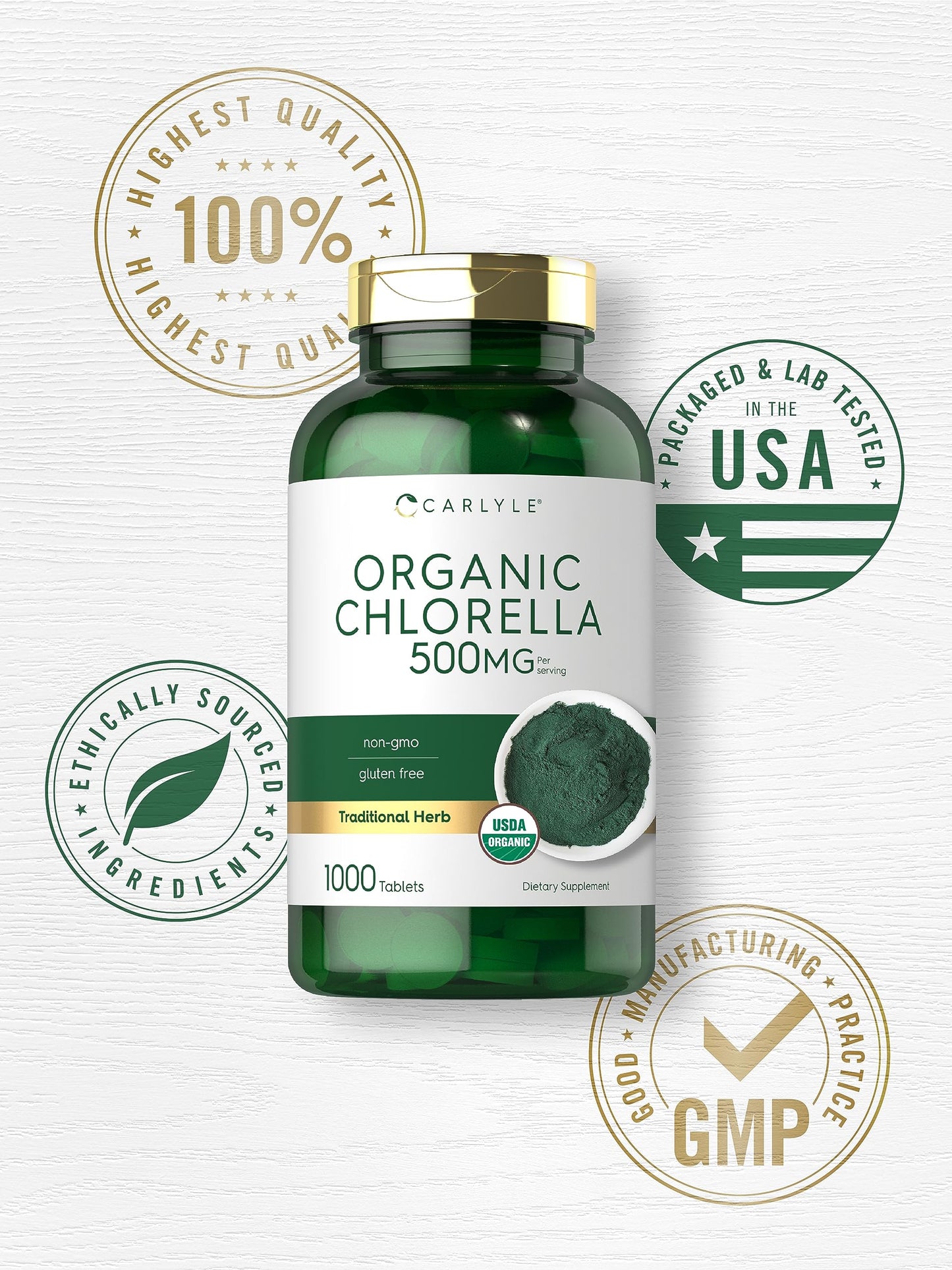 Carlyle Chlorella Tablets Organic 500 mg, 1000 Count