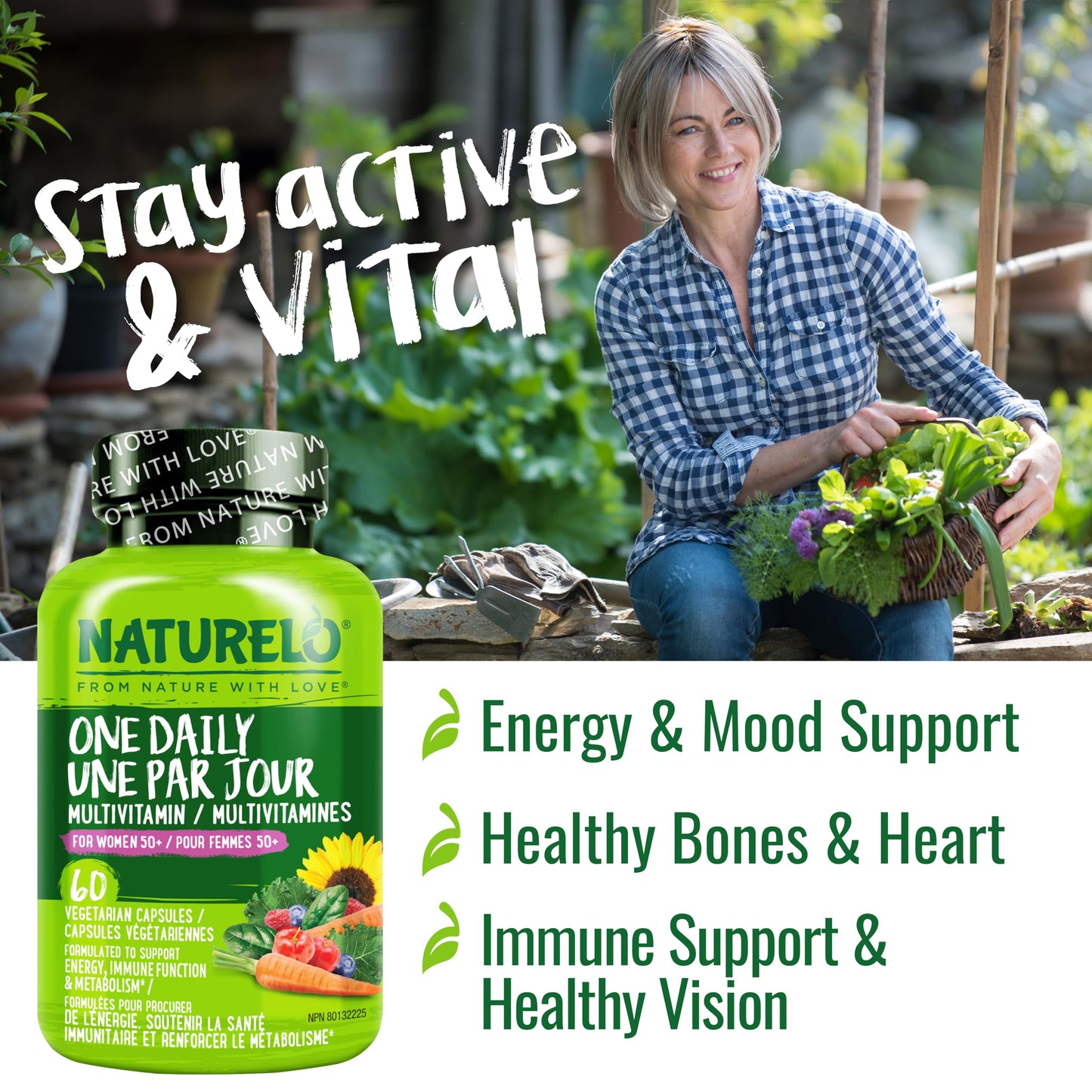 NATURELO One Daily Multivitamin for Women 50+ (Iron Free) - Menopause Support for Women Over 50 - Whole Food Supplement - Non-GMO - No Soy 60 Capsules