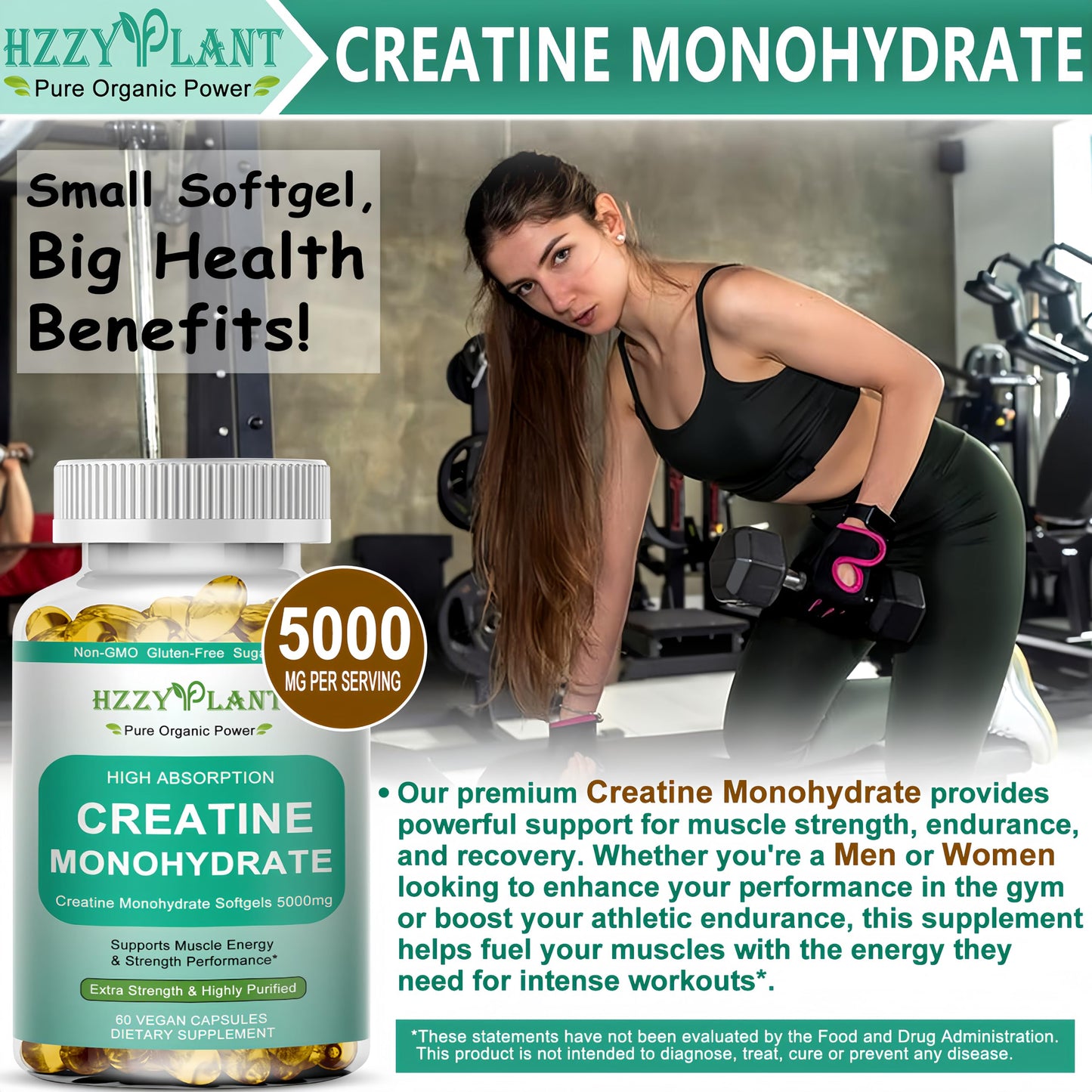 HZZYPLANT Creatine Monohydrate 5000mg Softgels 60 Count