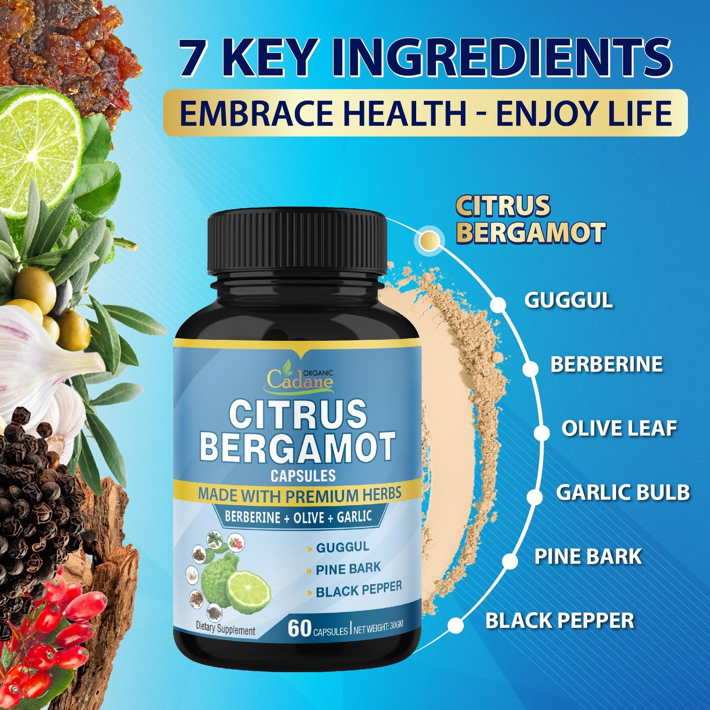 Organic Cadane Citrus Bergamot Extract Capsules with Berberine, Olive, Guggul, Garlic, Pine Bark, Black Pepper - 120 Capsules