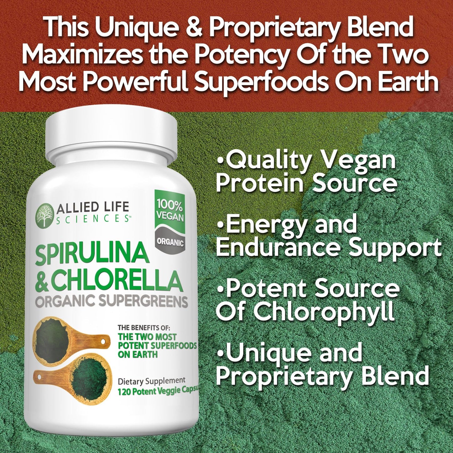 Allied Life Sciences Spirulina and Chlorella Organic Chlorophyll Vegan Protein Powder Green Superfood, 3-Pack