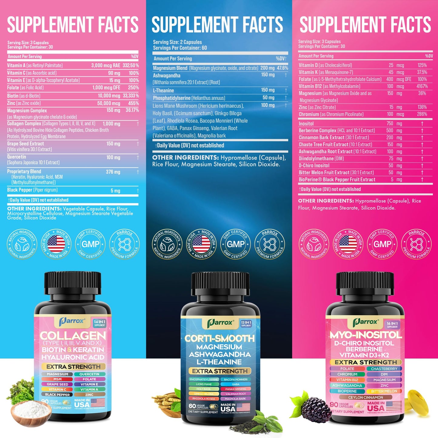 Parrox Collagen, Myo-Inositol & Cortisol Bundle, Berberine, She Shines Set Capsules 240