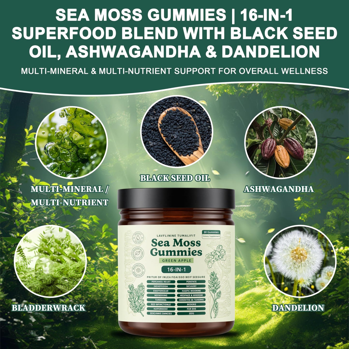 Vaairinyi Sea Moss Gummies 16-in-1 with Ashwagandha, Black Seed Oil, Bladder Wrack, Turmeric, Vitamin C, Apple Cider Vinegar, Non-GMO, 30 Count