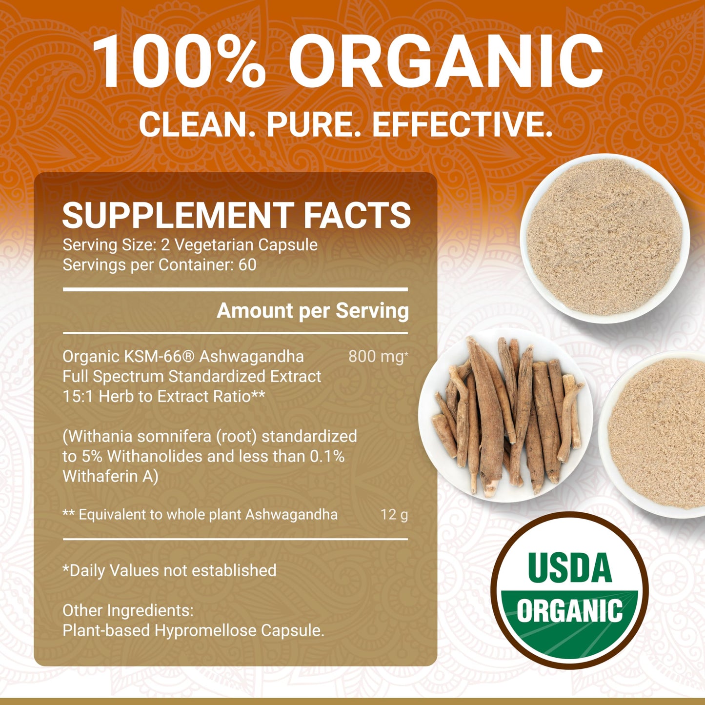 True Veda KSM-66 Ashwagandha Root Capsules, USDA Organic, High Strength for Women & Men, 60 Capsules