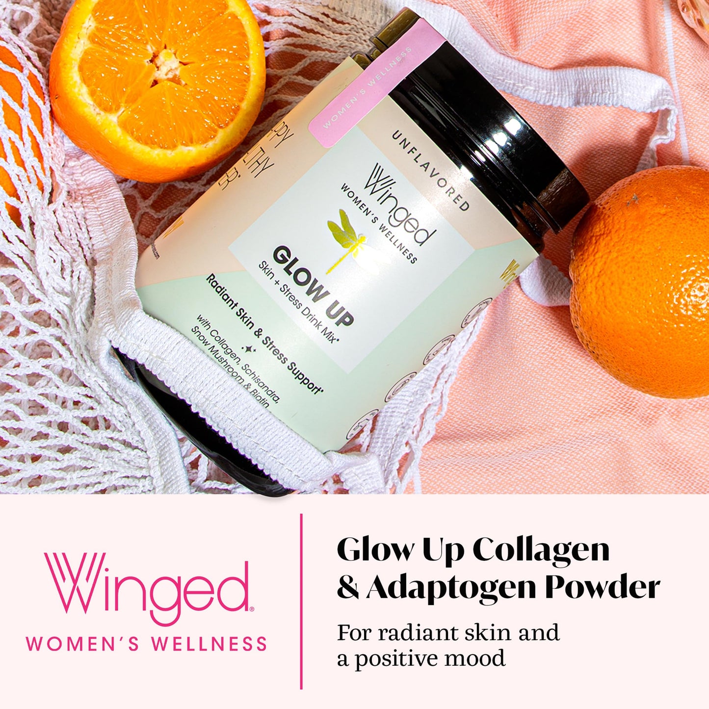 Winged Wellness Glow Up Collagen Powder for Women - Hair, Skin & Nails Beauty Supplement with Grass-Fed Hydrolyzed Collagen Peptides Adaptogens, Vitamin C & Biotin - 9.7 oz