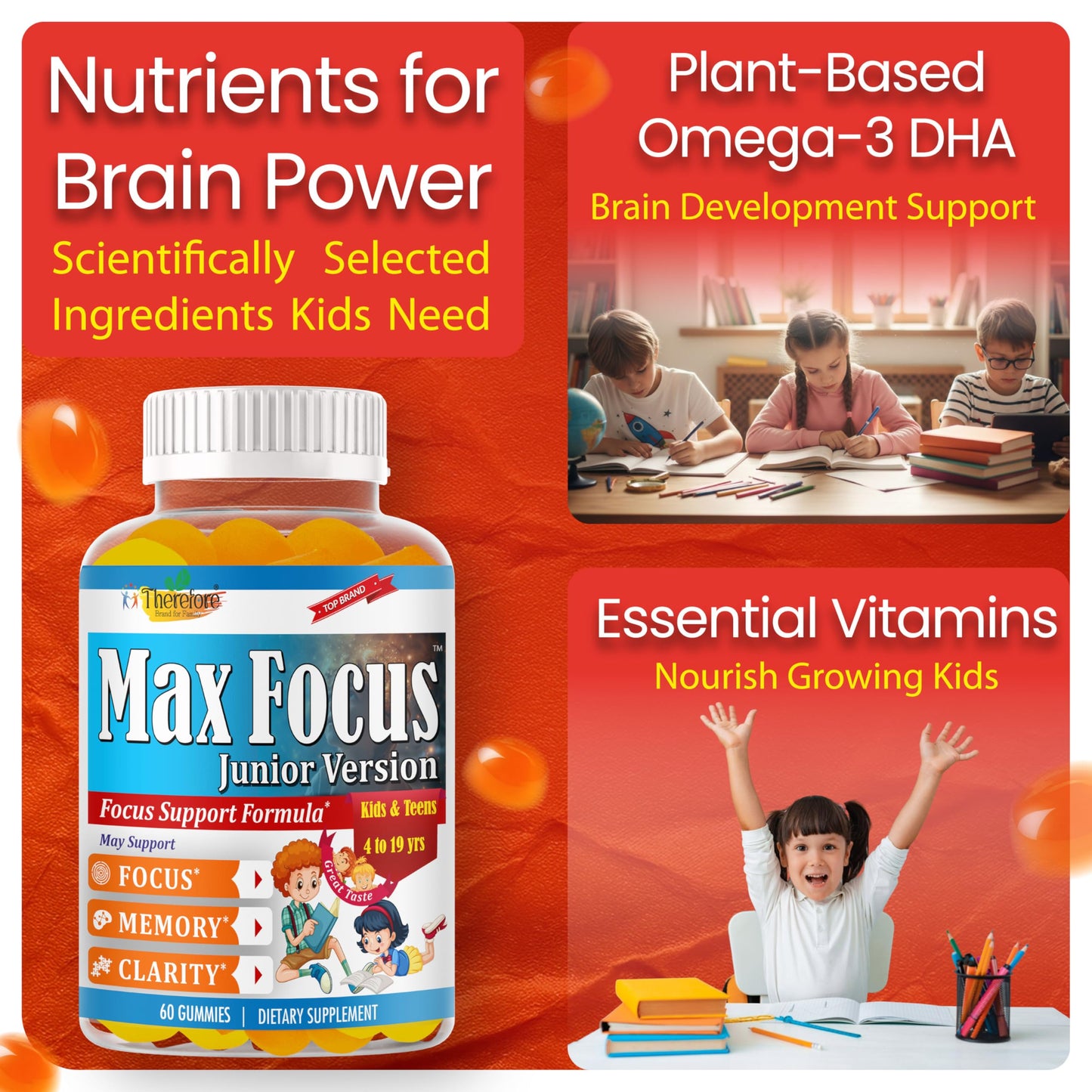 Therefore Max Focus Gummies for Kids & Teens, Omega-3 DHA Brain Support - 60 Gummies